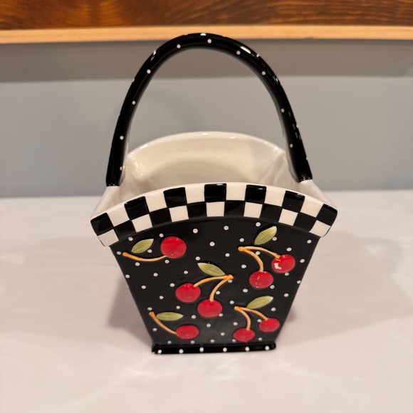 Mary Engelbreit Cherry Polka Dot Checkered Ceramic Basket Planter Decor 2000 - Picture 2 of 7